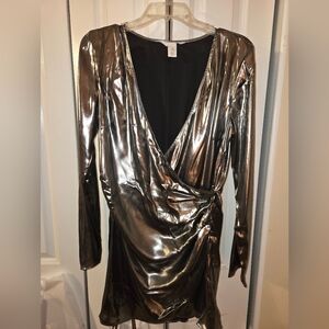 Metallic Silver Wrap Dress